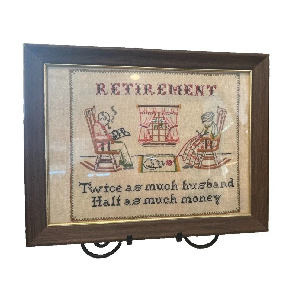 Vintage Retirement Cross Stitch Framed Sampler Twice As Much Husband Kitsch 18